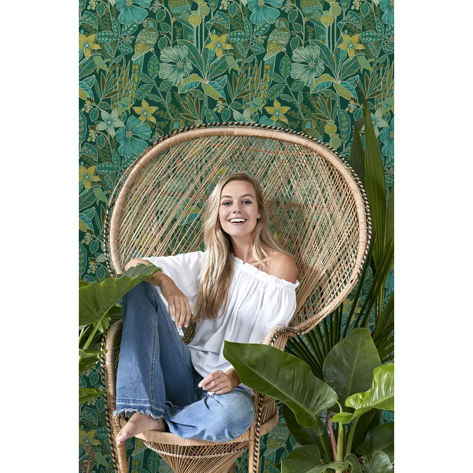 ESTAhome behang tropische bloemen en paradijsvogels donkergroen - 50 x 900 cm