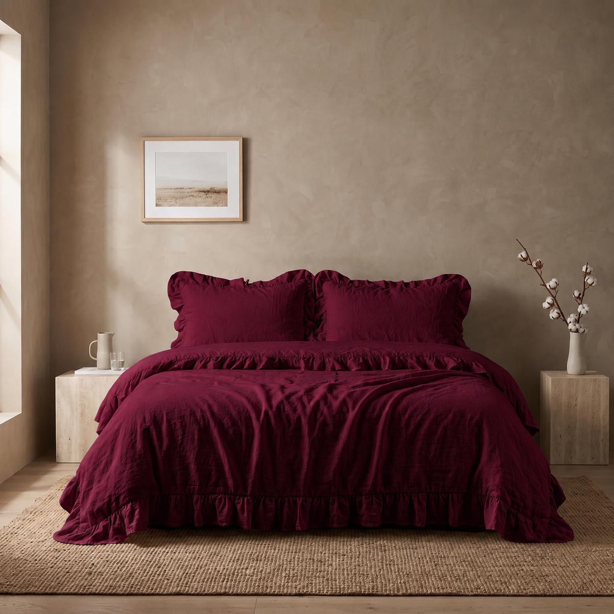 Burgundy Ruffle Linen Duvet Cover Set, Washed Linen Bedding Set, Romantic Ruffled Bed Set, Soft Linen Pillow, Queen King Twin Bedding, Cover