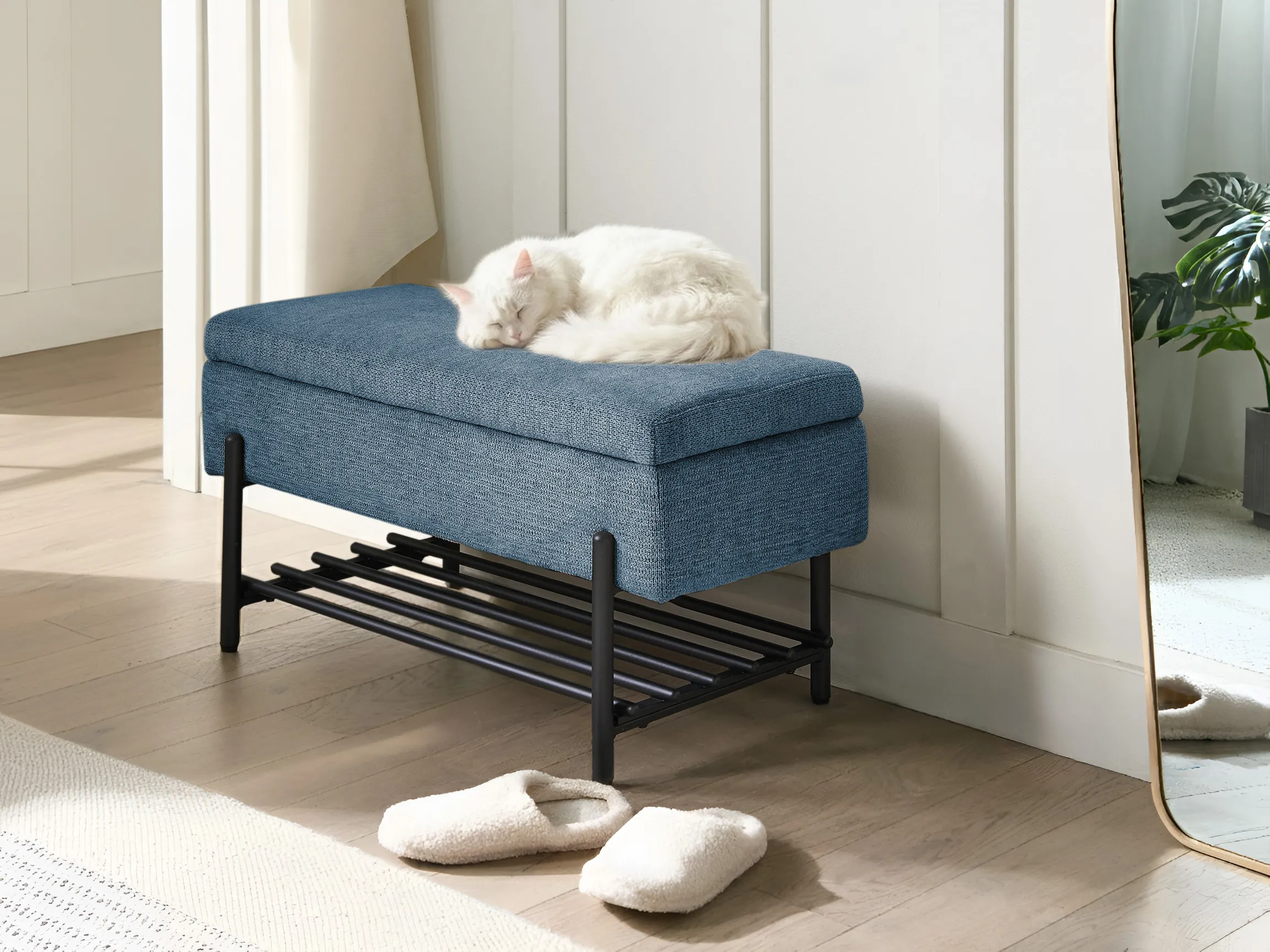 Shoe Bench SOLVANG Fabric Blue with Storage