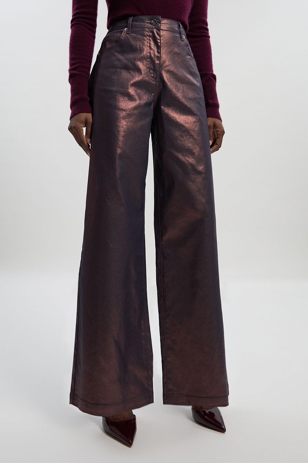 KarenMillen Petite Metallic Coated Denim Wide Leg Jean