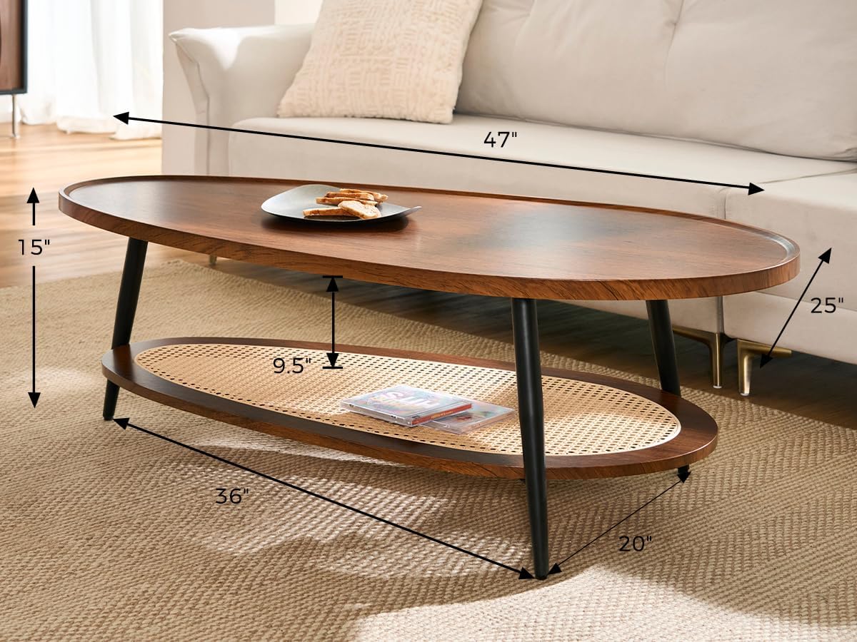 Shrine Oval Wood and Rattan Coffee Table, Mid-Century Modern Coffee Table, Two-Tier Brown Walnut Table for Living Room, D47.2''x W25''x H15.3'', Walnut Wood Top and Woven Rattan Base