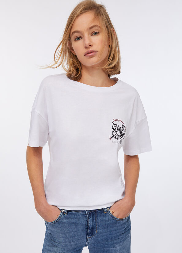 T-shirt con ricamo e strass