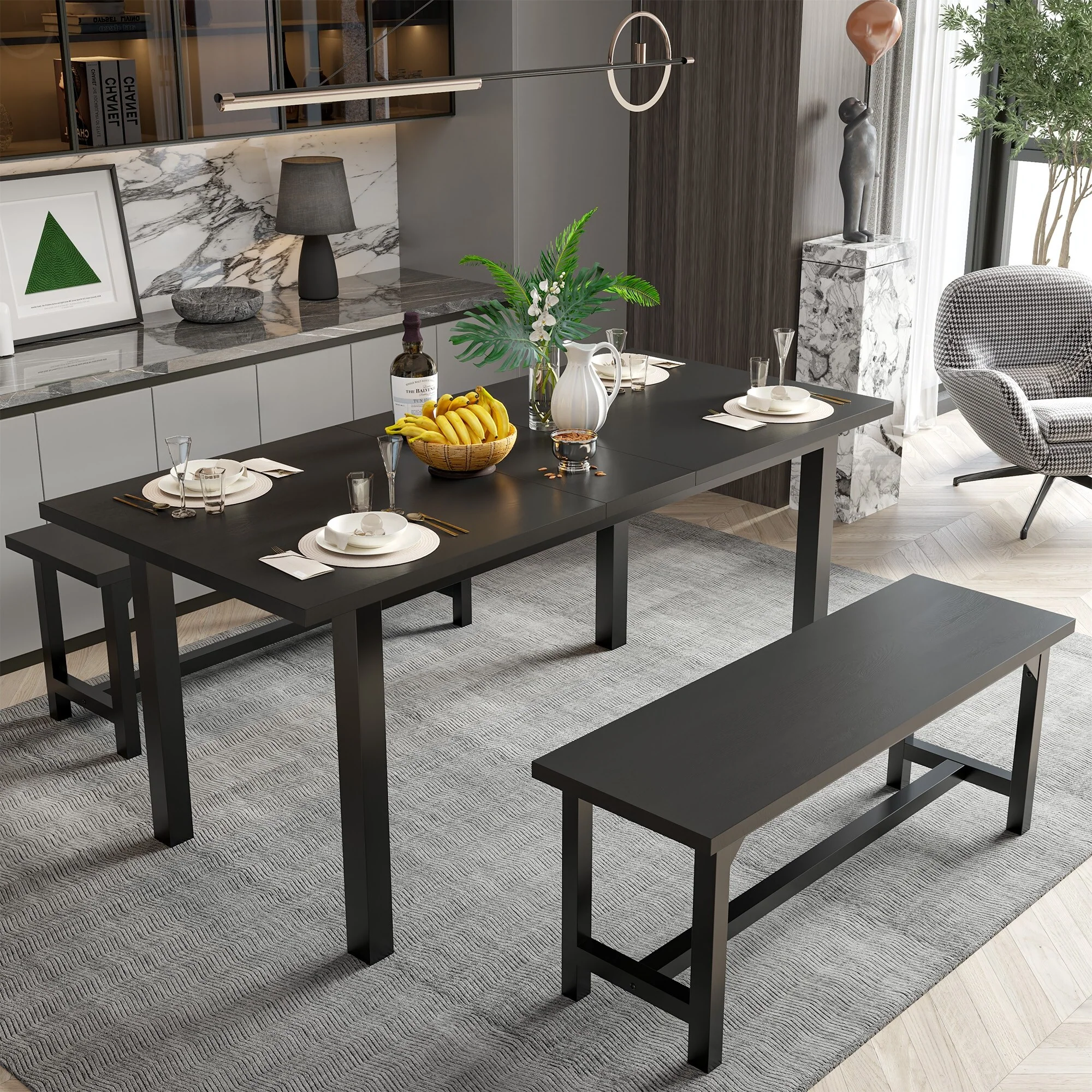 Furniwell Dining Set for 4 with 2 Benches Expandable Table