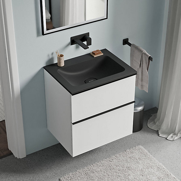 Meuble vasque suspendu MDF Blanc mat, lavabo fonte Noir mat sans trou robinet, poignée Anthracite mat - 60x46x62cm - LAVOA
