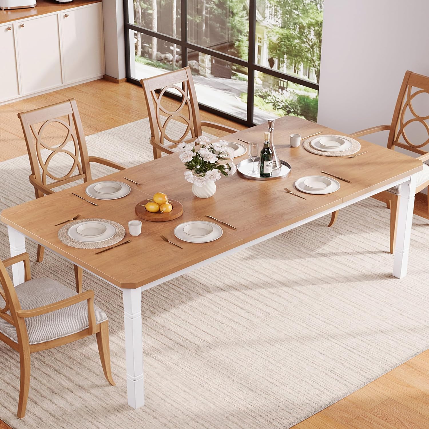 Garvee Large Dining Table for 6-8 People, 79 Wooden Kitchen Table with Sturdy Metal Frame, Dining Room Table for Dining Room, Kitchen, White Leg & Natural