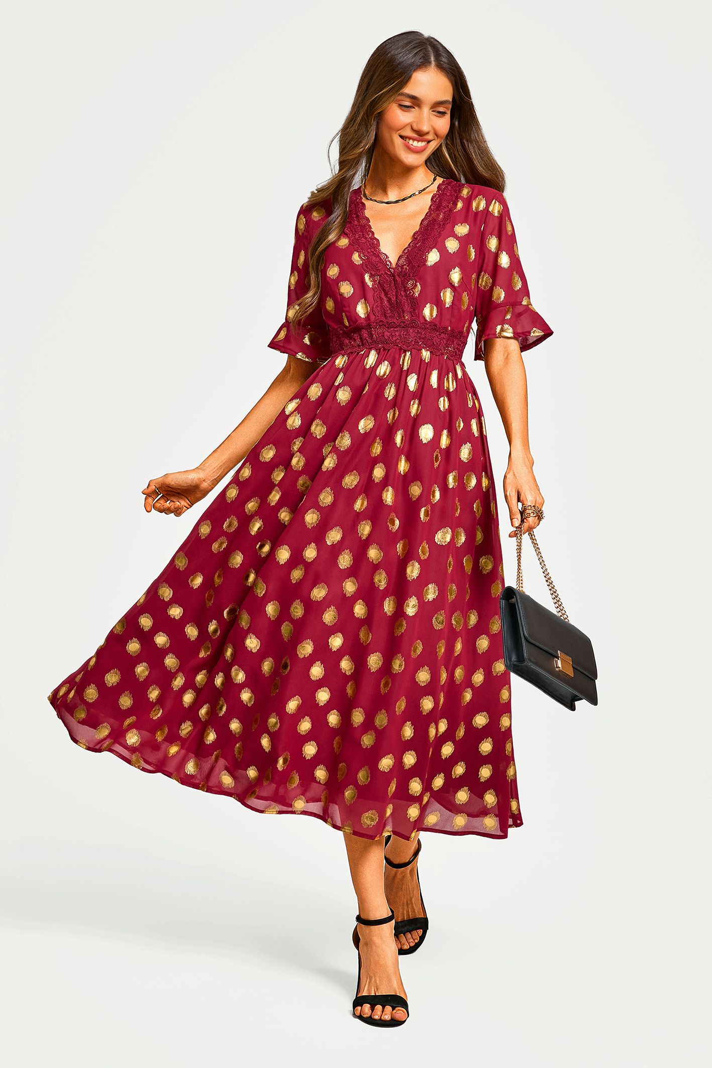 FS Collection Gold Foil Lace Trim V Neck Midi Dress In Wine