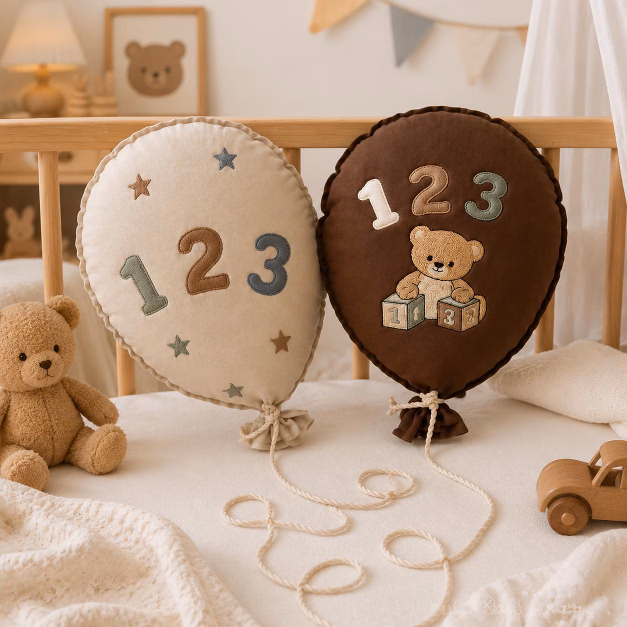 Personalized Number Balloon Pillow Set, Embroidered 123 Nursery Decor, Custom Baby Room Accent