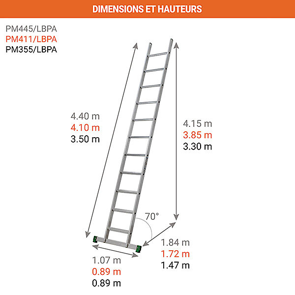 Echelle simple 13 marches - Hauteur à franchir 3.85m - PM411/LBPA