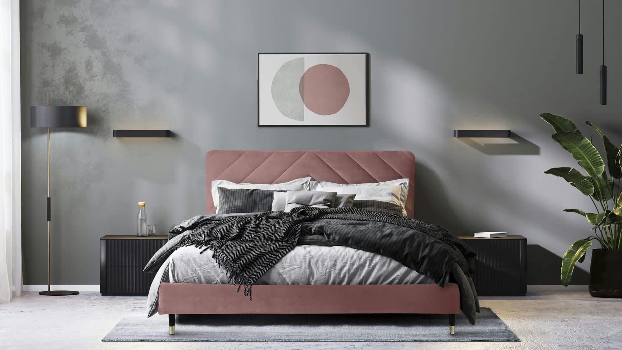 BARRY - Lit avec matelas 2 places  en velours vieux rose 140x190