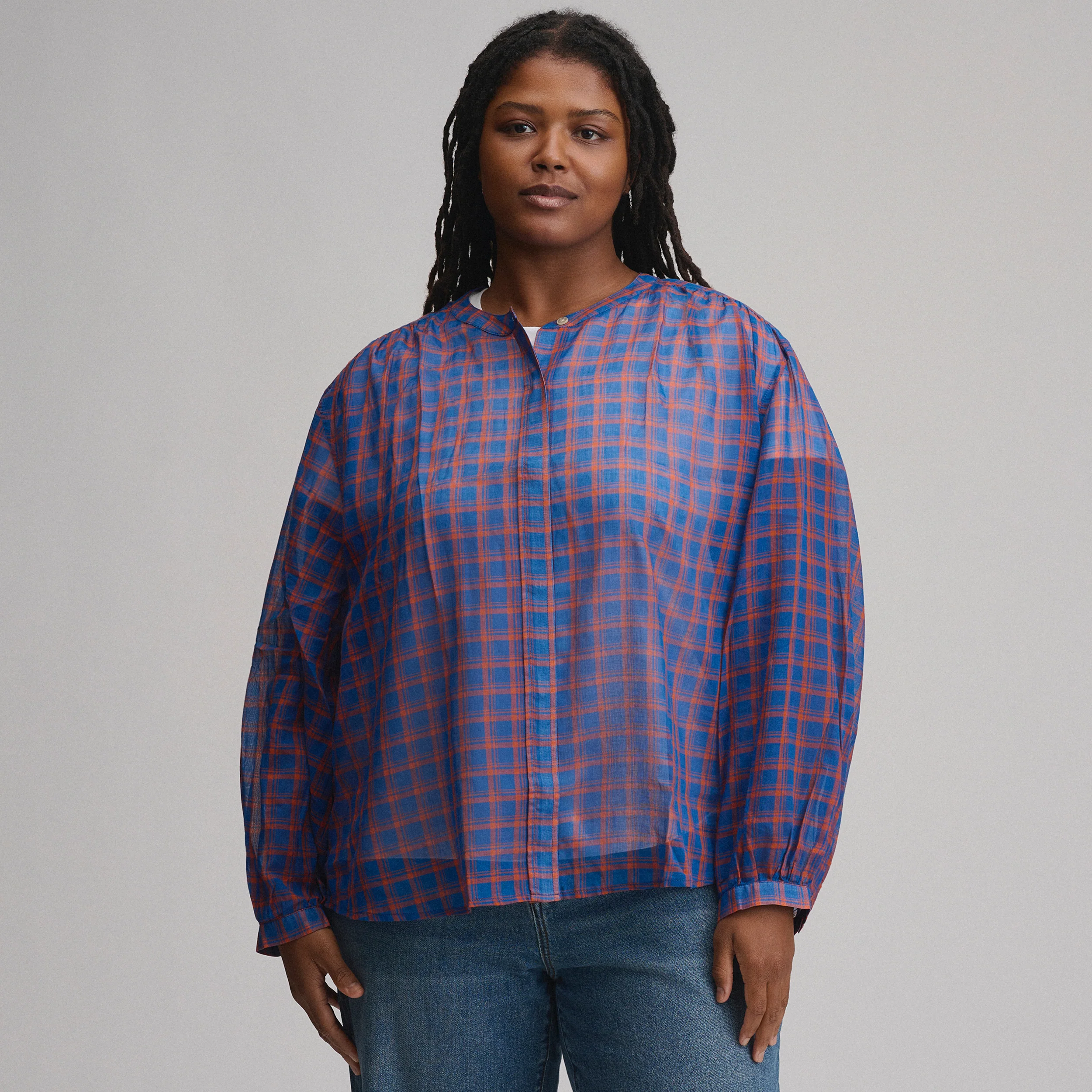 Women's Long-Sleeve Collarless Button-Down Shirt
