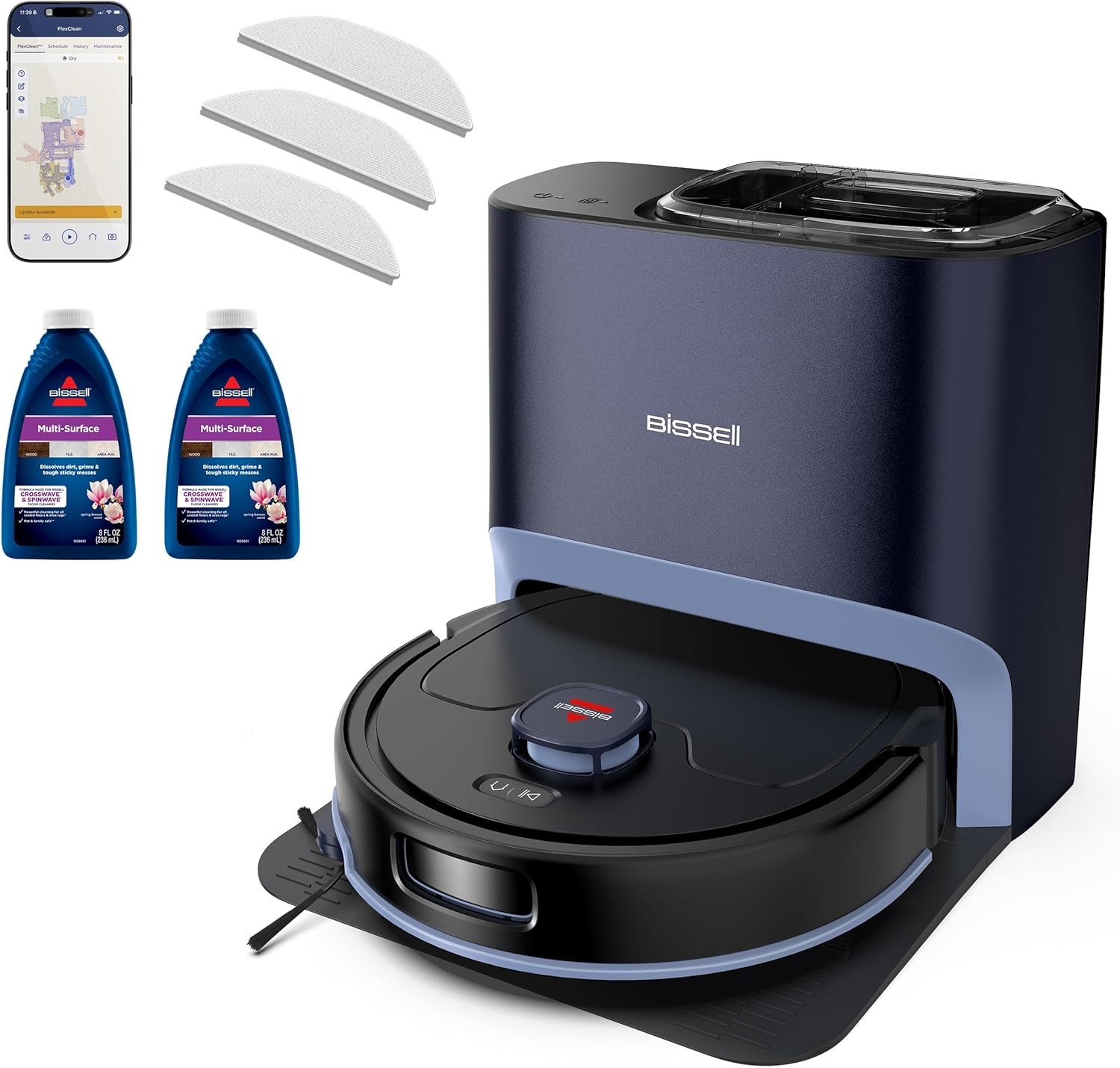 Bissell FlexClean FurForce Robot Vacuum & Mop with No Tangle Pet Brush Roll, LiDAR Navigation & Liftable Pad for Pet Hair Removal on Hard Floors & Rugs, 180min Runtime 60-Day Dust Collection, 4270L