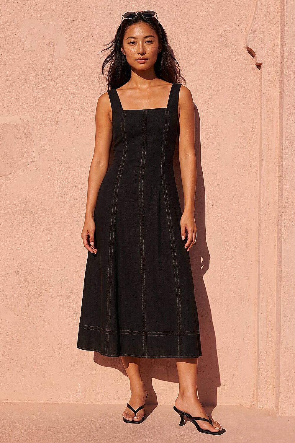 Roman Petite Linen Blend Contrast Stitch Dress