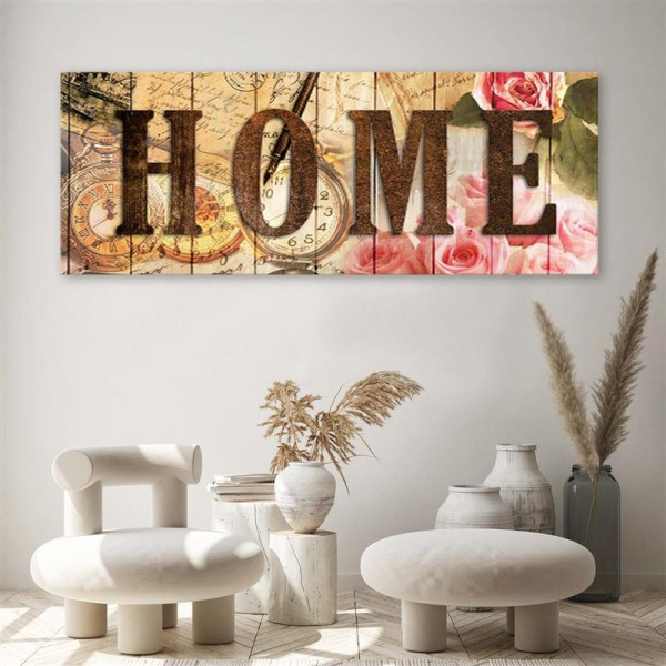 Feeby Obraz na płótnie Napis Home zegary listy kwiaty 90x30