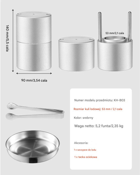 Prasa do kul lodowych metaliczna 53mm aluminiowa z akcesoriami do drinków