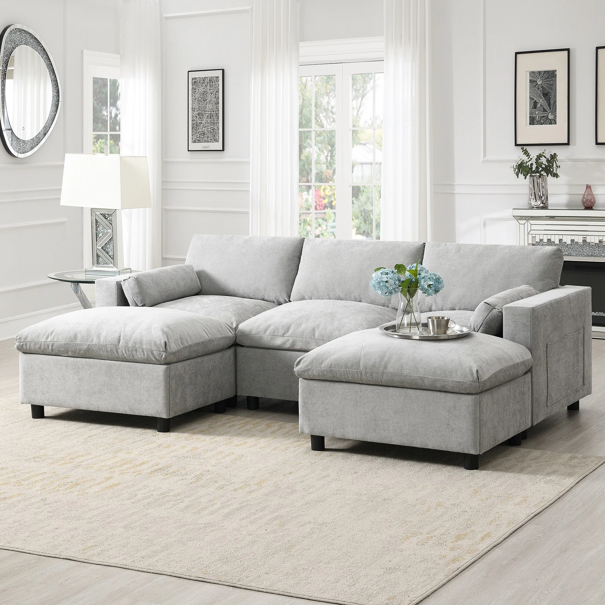 Modern 5 Seat Sectional Sofa with Removable Ottomans and Side Storage Pockets for Small Living Rooms or Apartments