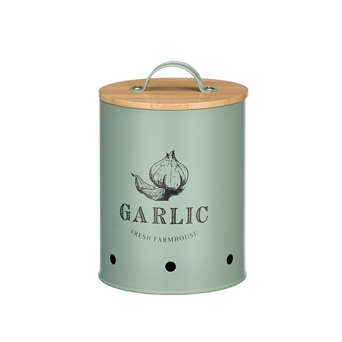 Lata para alhos verde de metal com tampa bambu