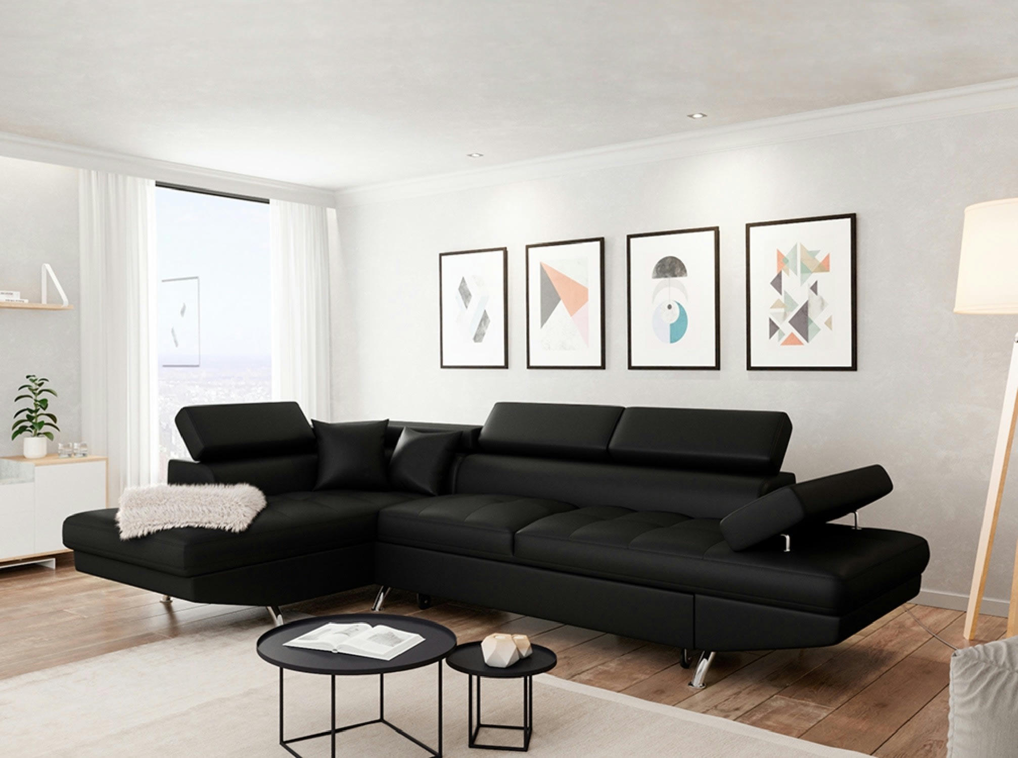 RIO - Canapé d'angle gauche convertible avec coffre noir