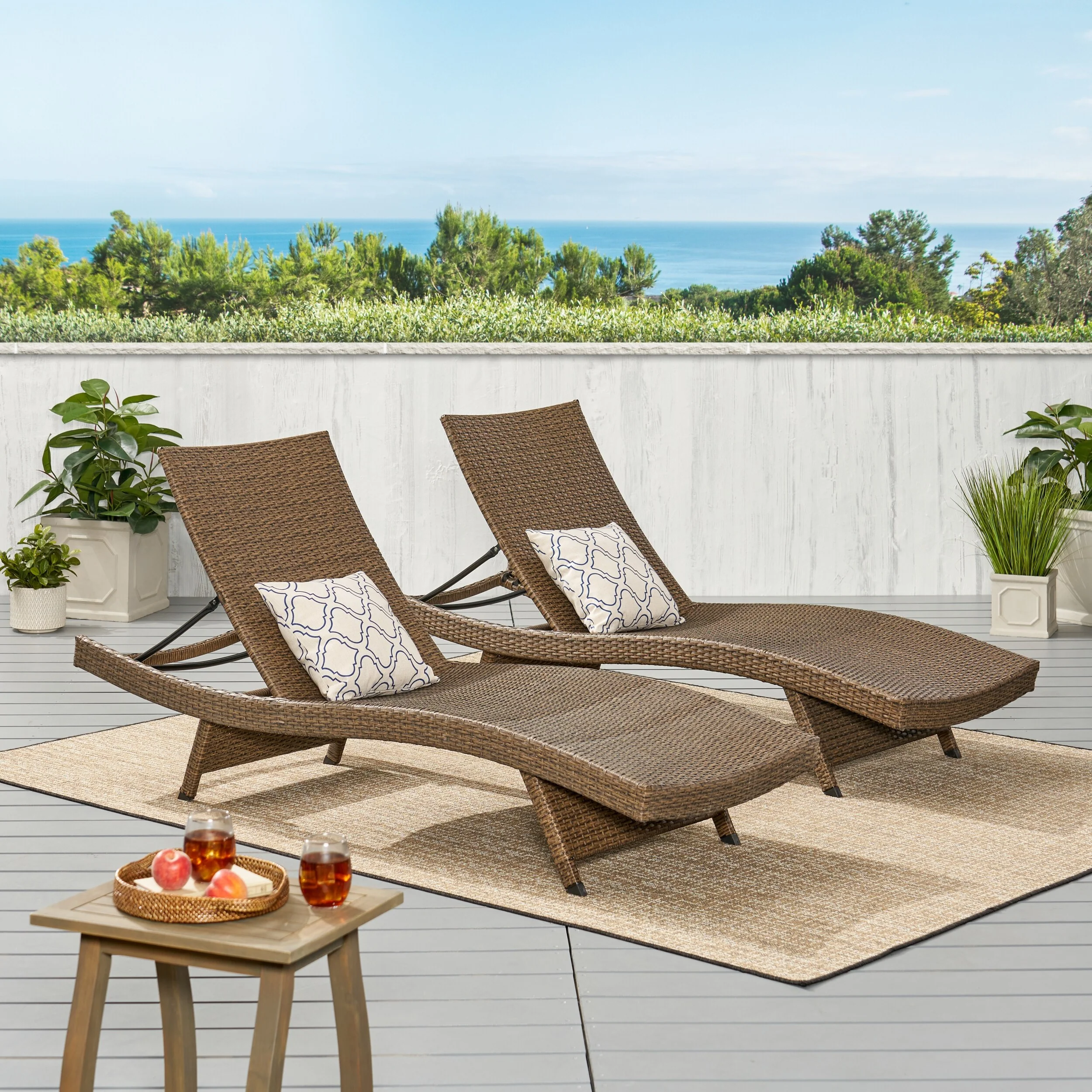 Outdoor Curved Wicker Lounge Chair Set of 2, Water Resistant Adjustable Reclining Chairs with Armrests & Folding Legs