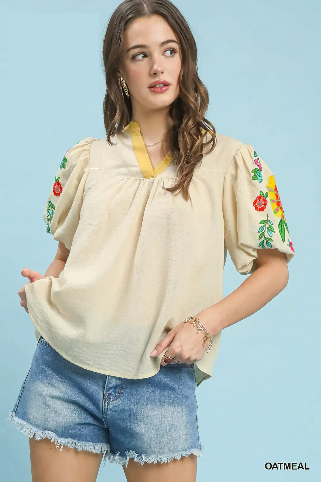 Embroidered Puff Sleeve Top