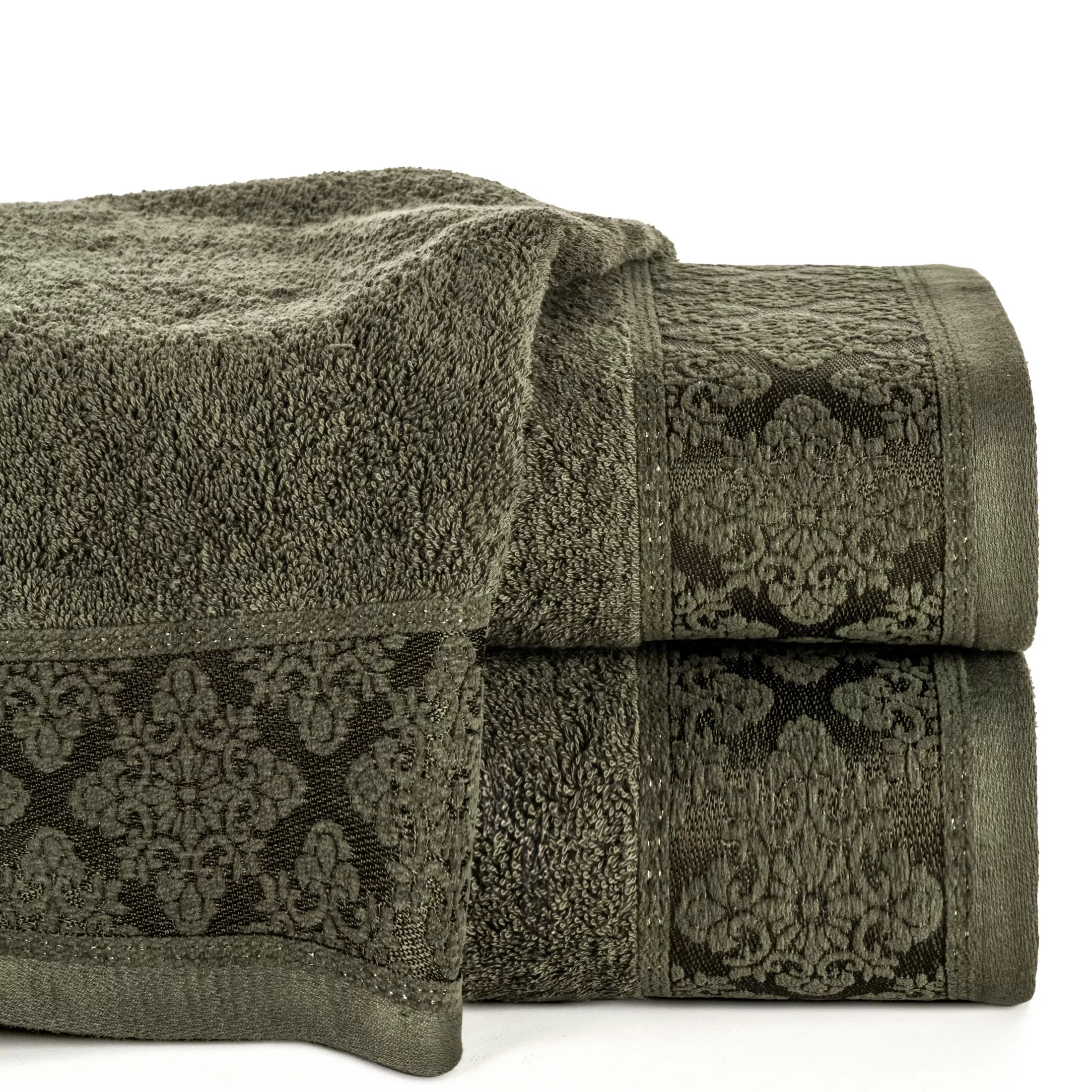 Ręcznik do rąk 30x50 cm bawełniany kolor ciemnooliwkowy z żakardowym wzorem ornamentów 500 g/m2 SARA