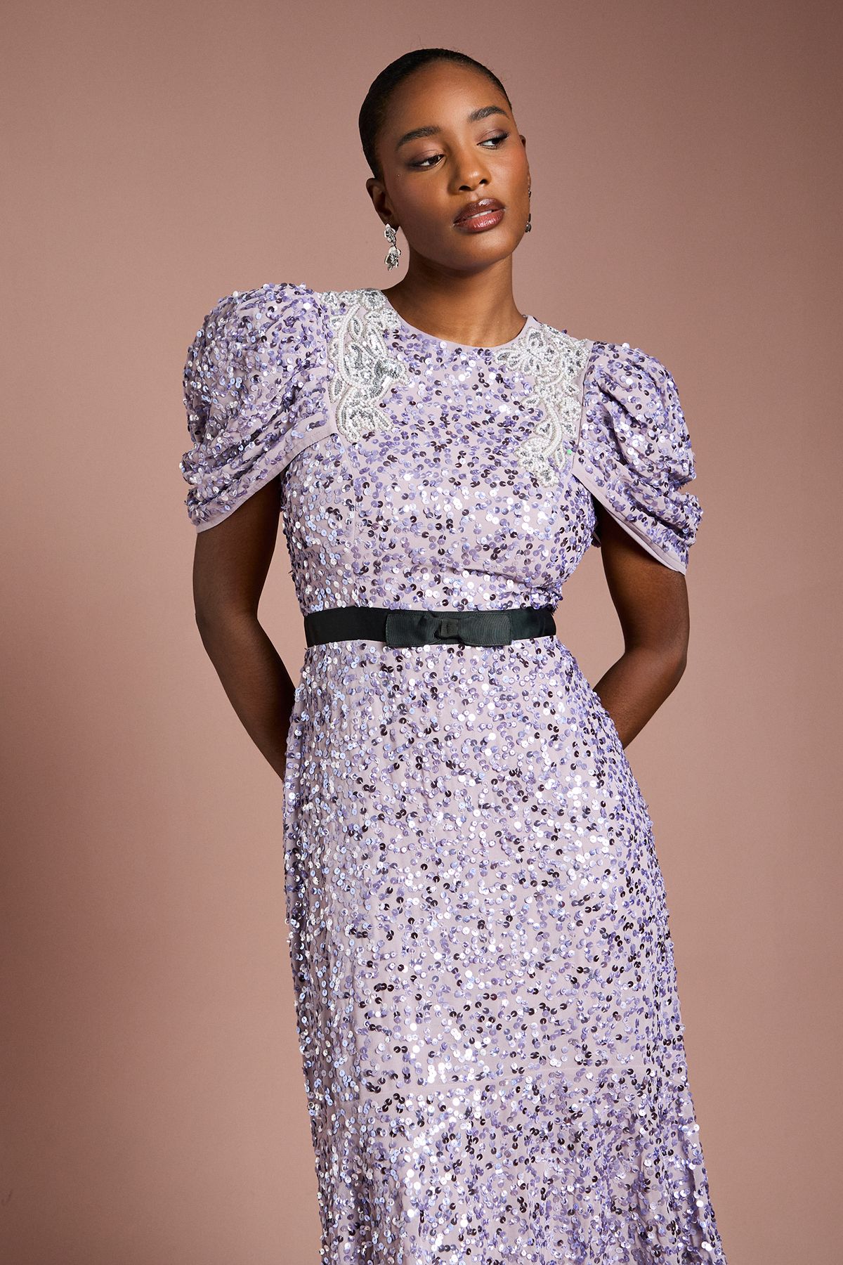 Coast Sequin Embellished Puff Sleeve Midi Dress