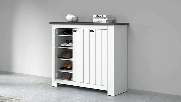Meuble chaussures Dcigarin, Meuble chaussures peu encombrante avec 3 portes, 114x42h100 cm, Blanc et Ardoise