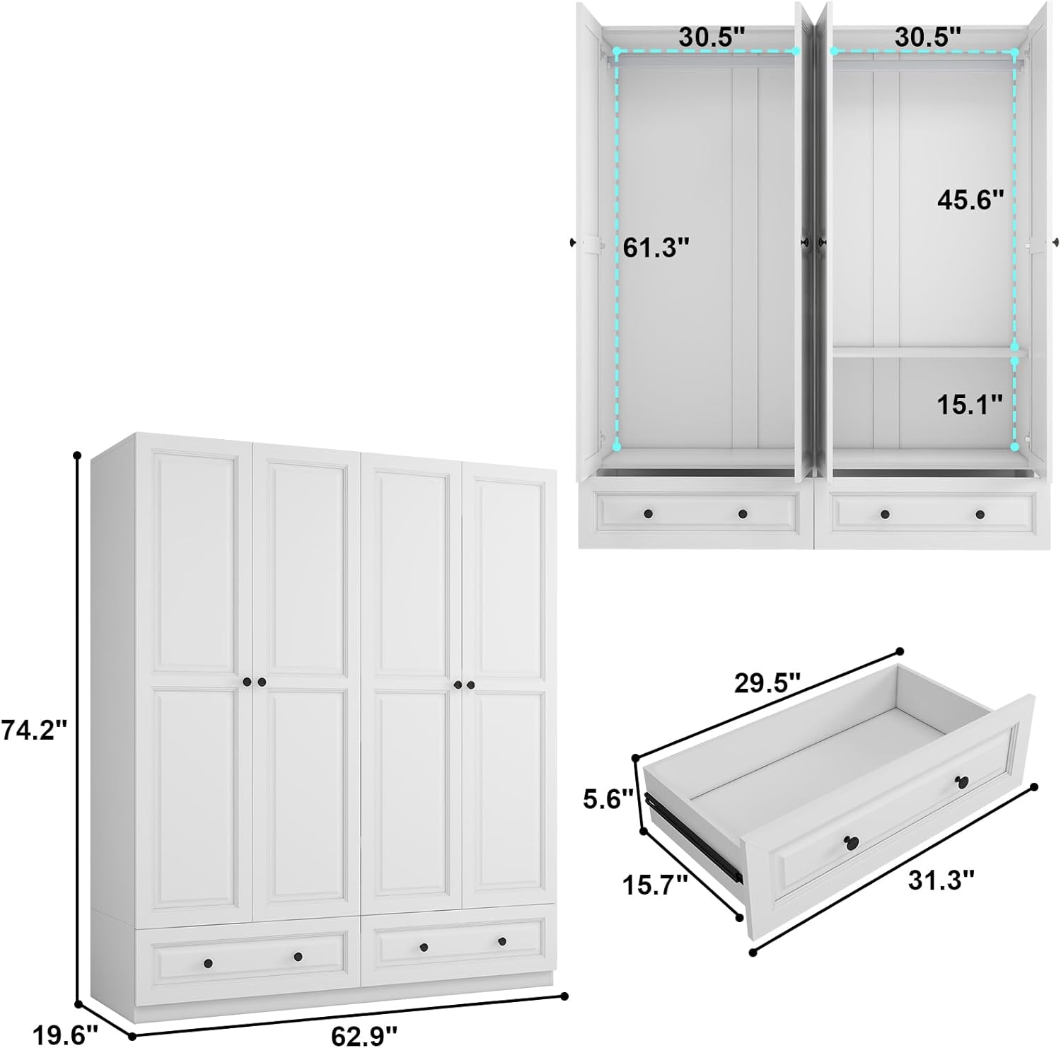Armoire Wardrobe Closet with Drawers: 74 White Wardrobe Closet with 4 Doors, Bedroom Armoires with 2 Drawers, Wood Closets Cabinet for Hanging Clothes (White, 63)