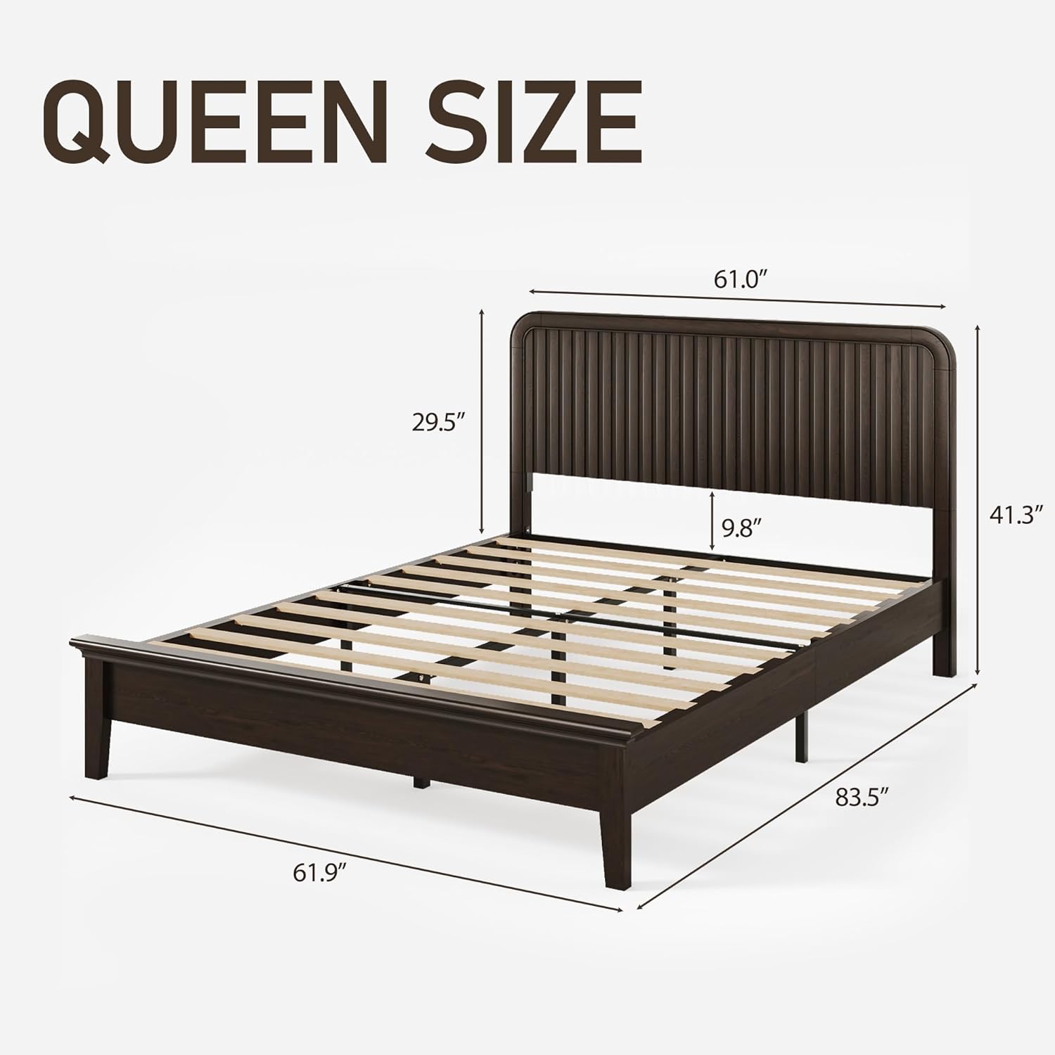 Lifezone Wood Queen Bed, Solid Wood Bed with Flutted Headboard, American Vintage Design, Slats Support, Noise-Free, Sturdy Structure, Easy Assembly, Walnut