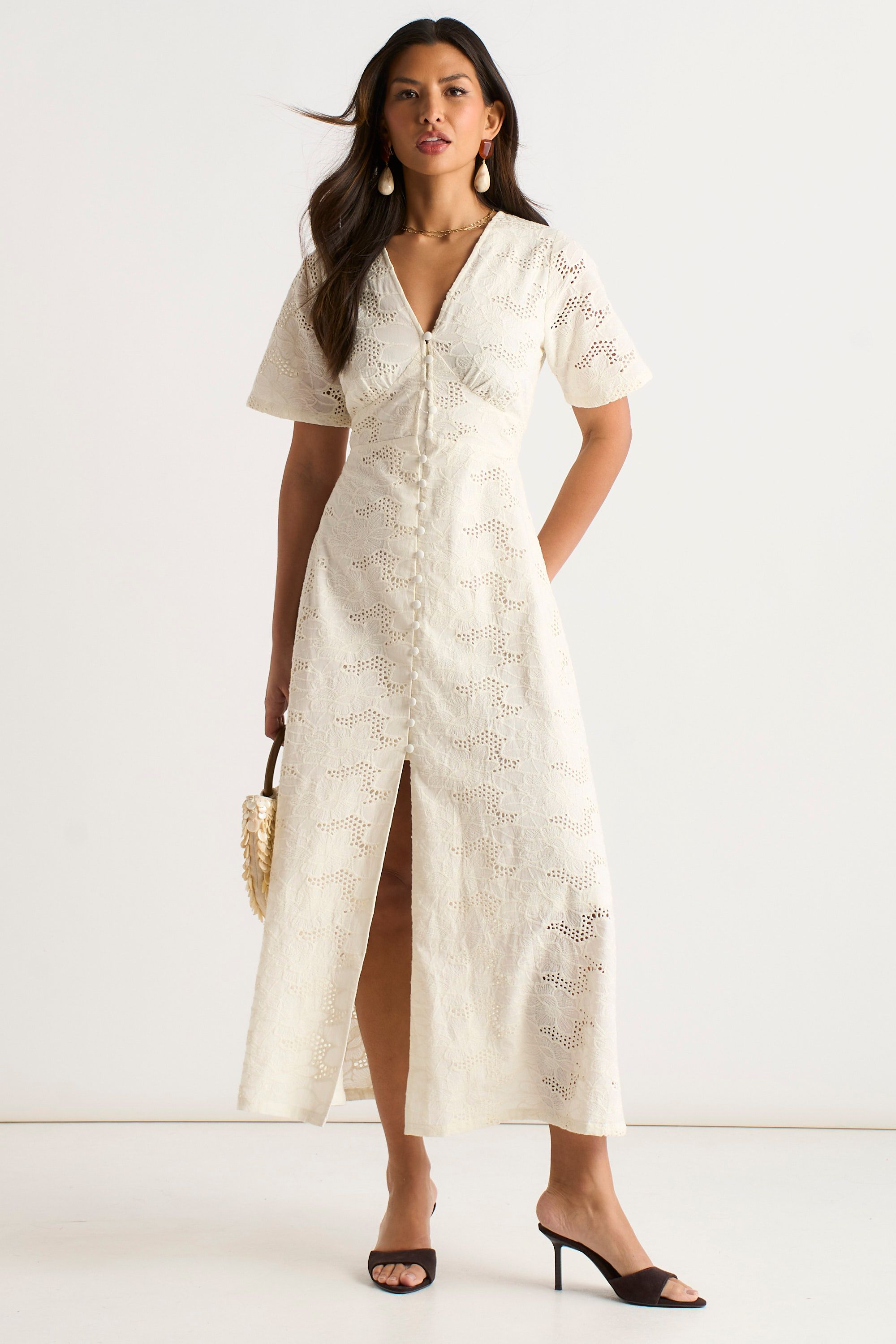 Gini London White Lace Button Through Midi Dress