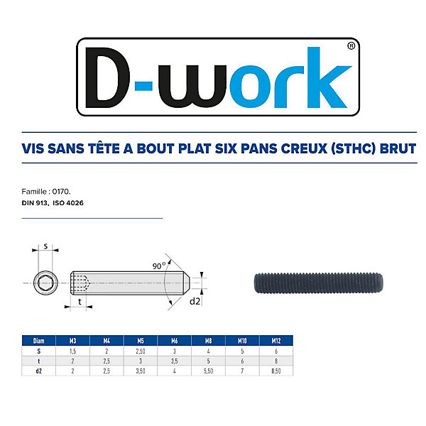 200 Vis Sans Tête 6 Pans Creux à Bout Plat STHC 6 x 10 mm - DIN 913 - 45H - Brut - D-Work