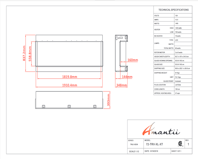 Amantii Smart 72" unit - 14 1/4" in depth 3 sided glass fireplace