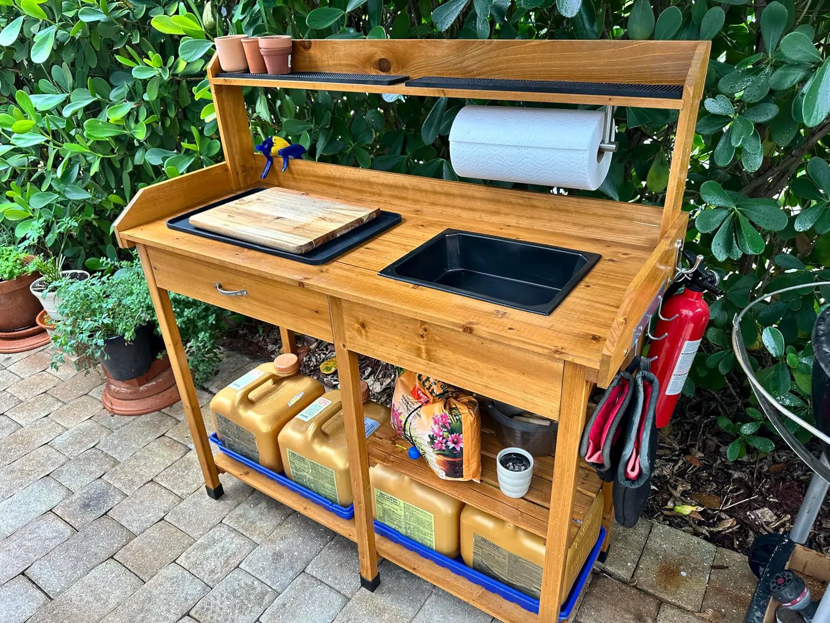 Outdoor Wooden Potting Bench – Gardening Workstation with Sink & Drawer