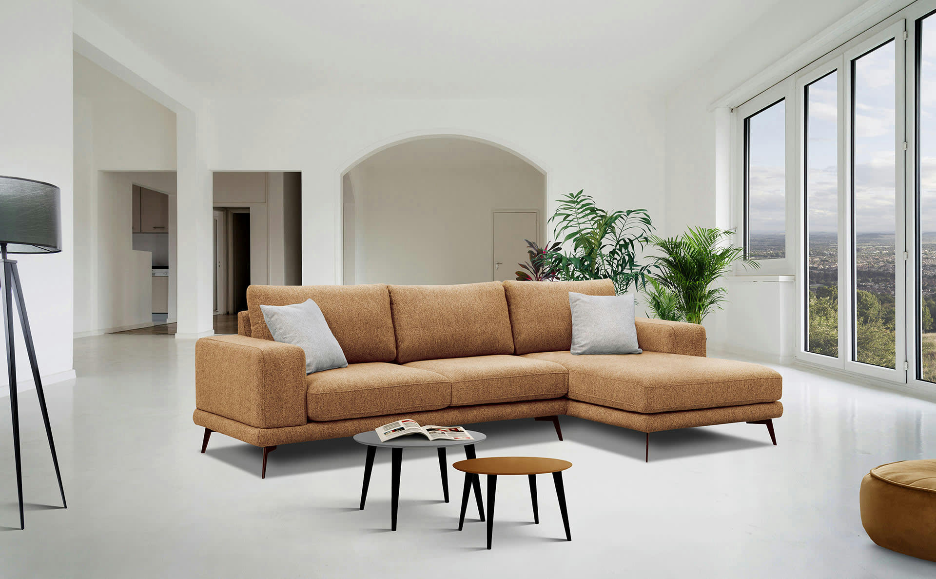 MEDIOLANE - Canapé d'angle droit 4 places tissu orange