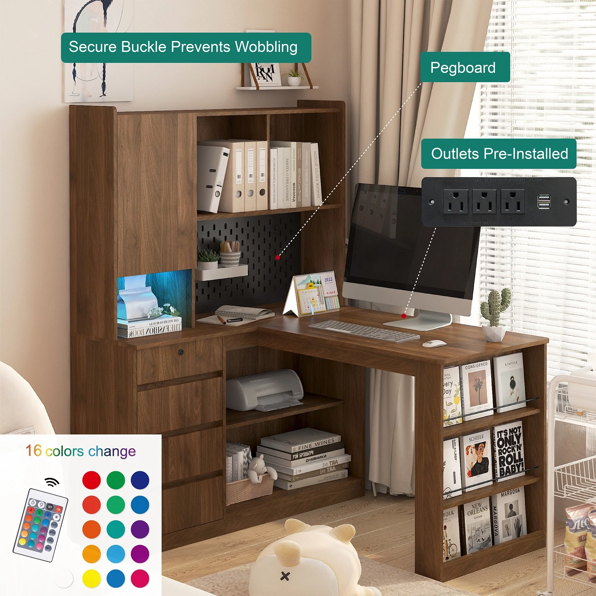 L Shaped Desk Computer Desk with Power Outlets, Home Office Corner Desk Gaming Desk with Bookshelf & LED Light