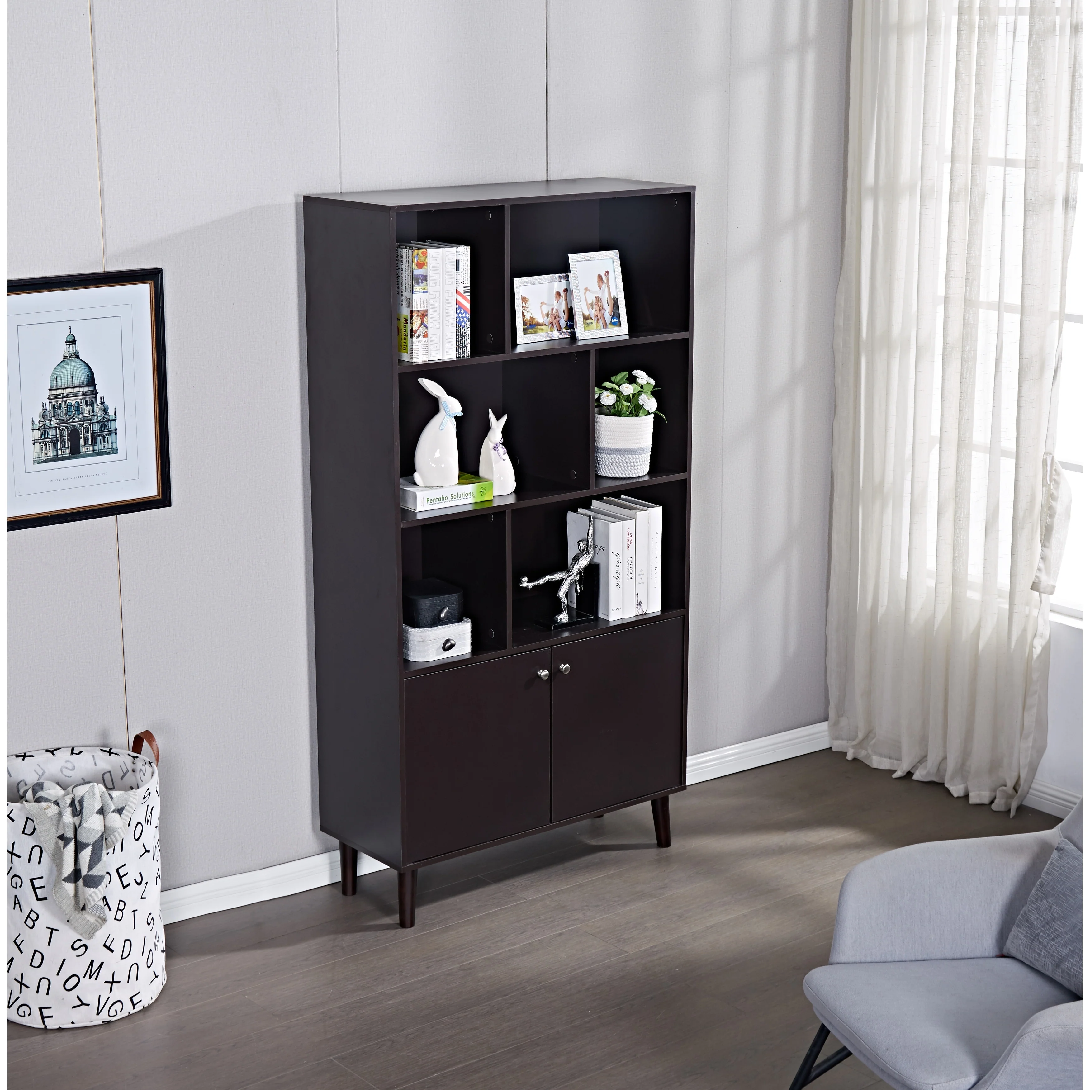 67 Bookcase with Doors, 3-tier Bookshelf