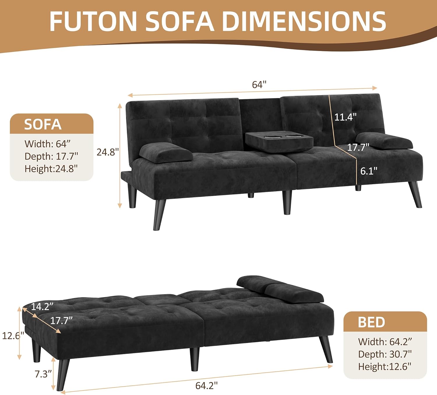 Shintenchi Futon Sofa Bed, Velvet Foldable Couch, Reclining Sleeper with Removable Armrests, Upholstered Loveseat Sofa Couch with Folding Cup Holders for Home, Office(Black)