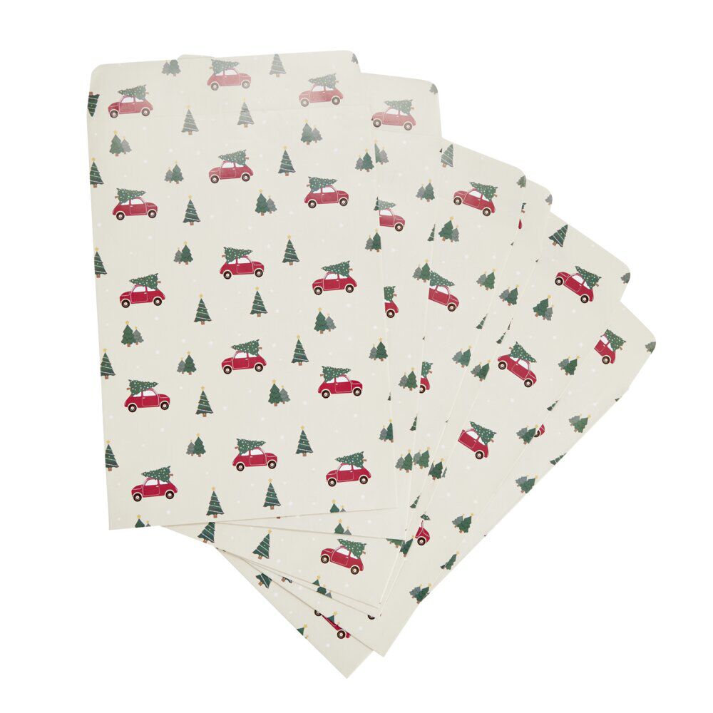 Pochette cadeau No&euml;l x6 fantasia motif voiture avec sapin 20x28cm