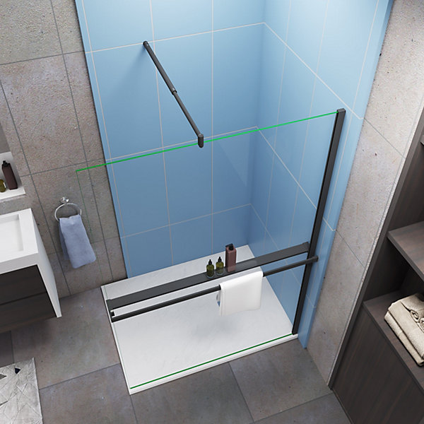 Paroi de douche fixe 140x200 cm   barre de fixation 70-120cm   étagère de Douche 140cm alu - verre 8 mm anticalcaire - Noir mat