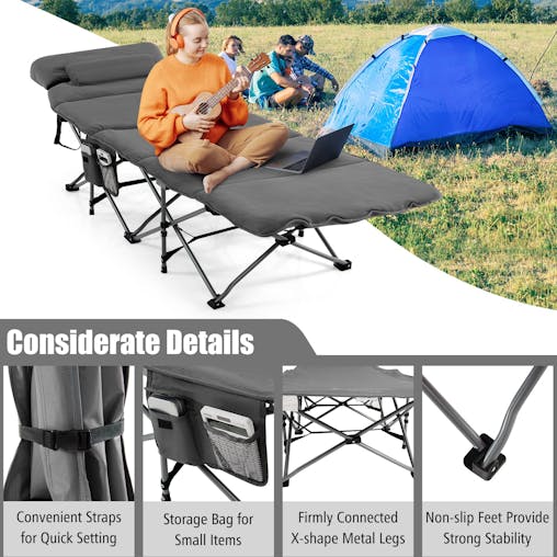 NNECW Folding Travel Camping Cot with Carry Bag Removable Mattress & Pillow-Grey