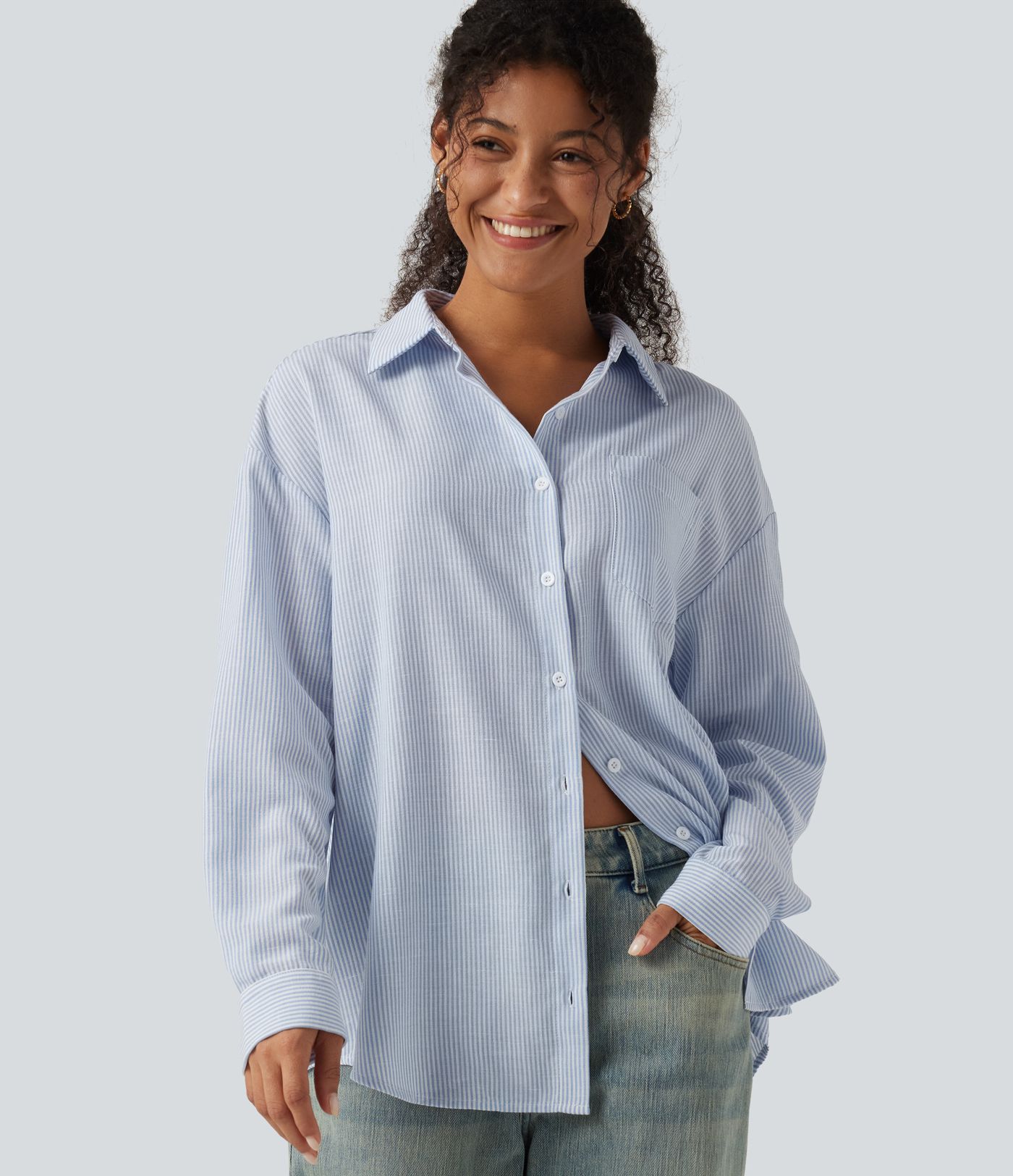 Chemise de bureau effet lin rayée à manches longues, ourlet arrondi et poche poitrine