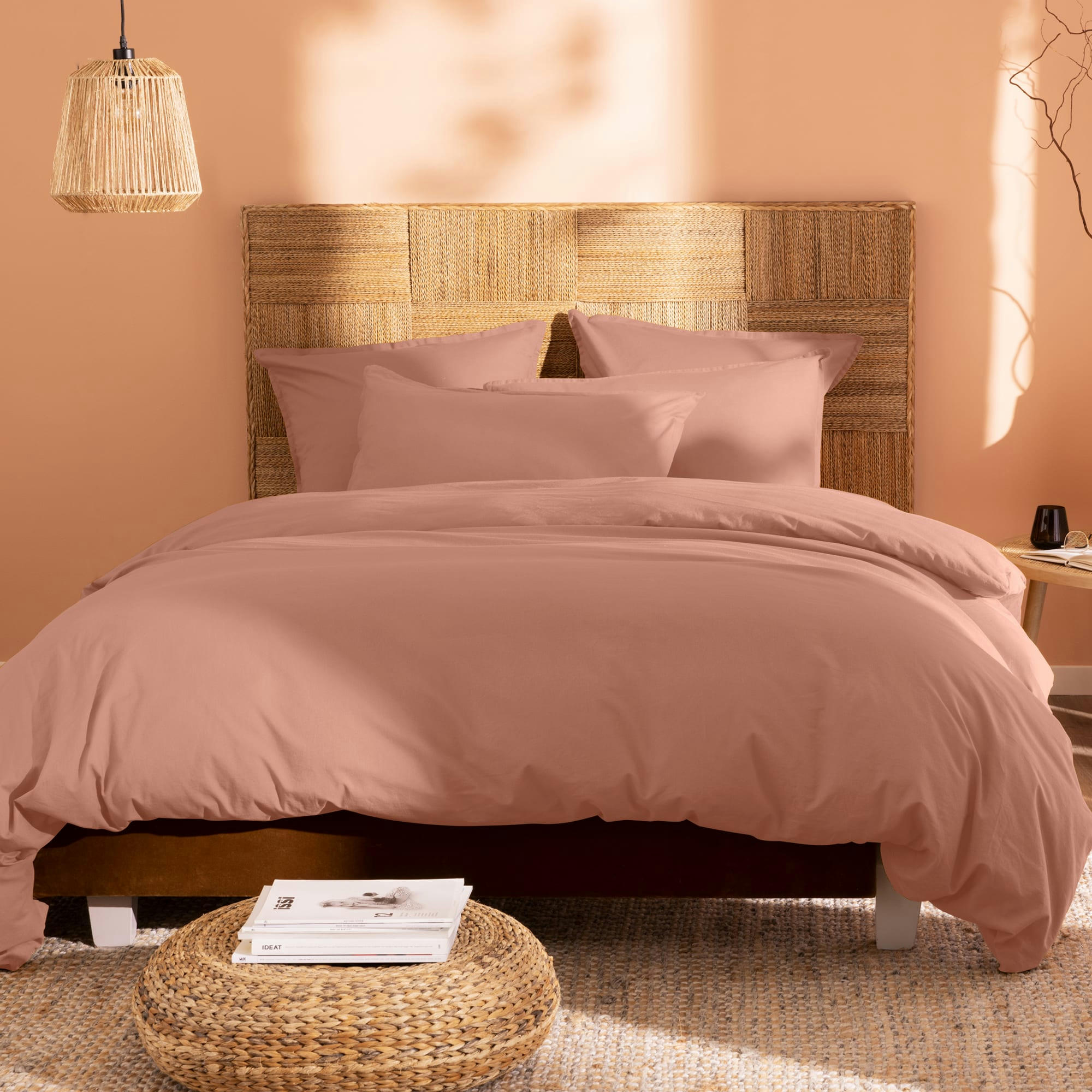 COTON LAVÉ VOLANT - Parure de lit unie en coton lavé Nude 240x220+2x65x65cm