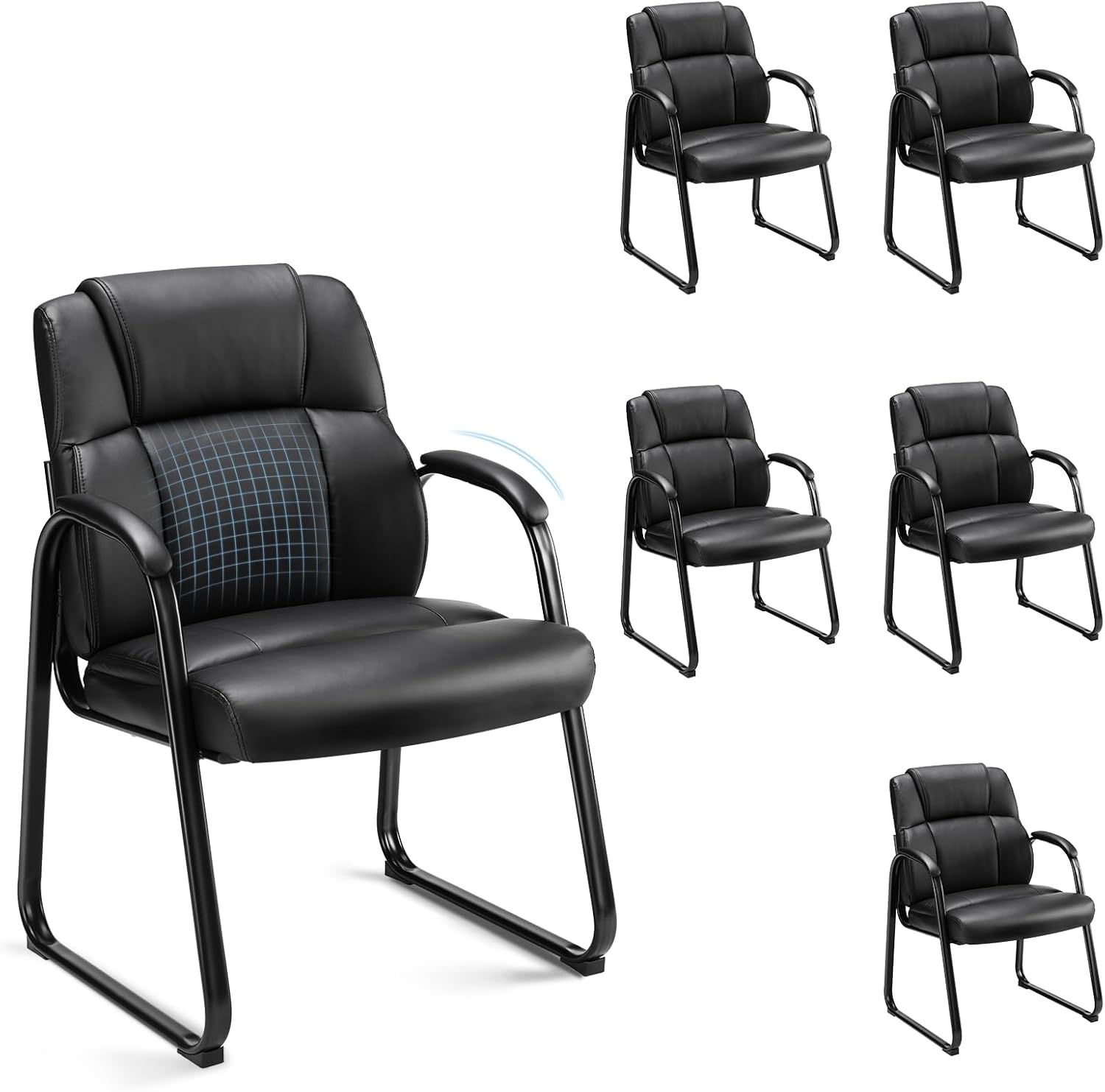 Sweetcrispy Waiting Room Guest Chair Set of 6, Leather Stationary Office Reception Chairs No Wheel, Comfy Padded Arms and Seld Base, for Conference Room Lobby Home Desk Bedroom Elderly, Black