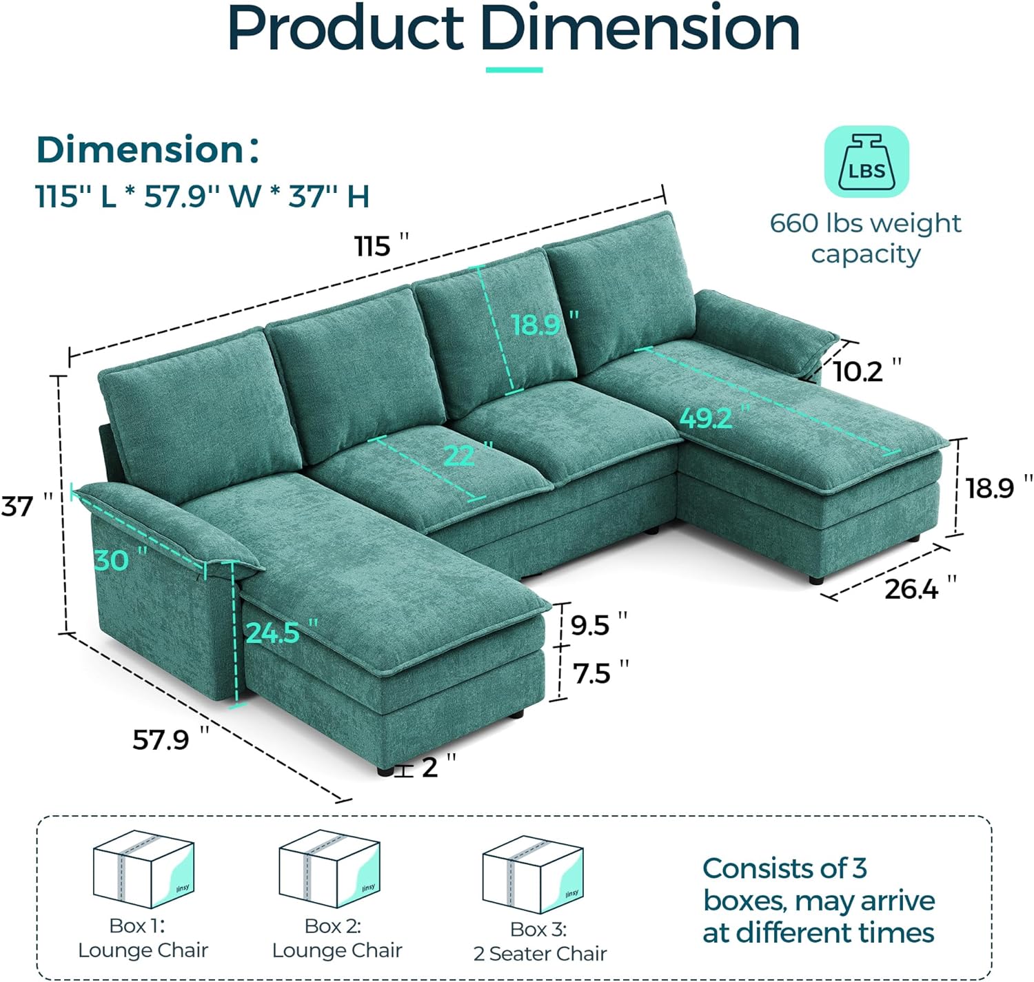 LINSY HOME Cloud Couch Modular Sectional, 115 U Shaped Sofa Couches with Double Chaise, Chenille 4 Seater Sofa Set for Living Room, Apartment, Office, Green