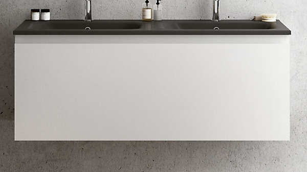 Meuble vasque suspendu blanc mat l.120 cm   plan double vasque noir mat en résine, Pura