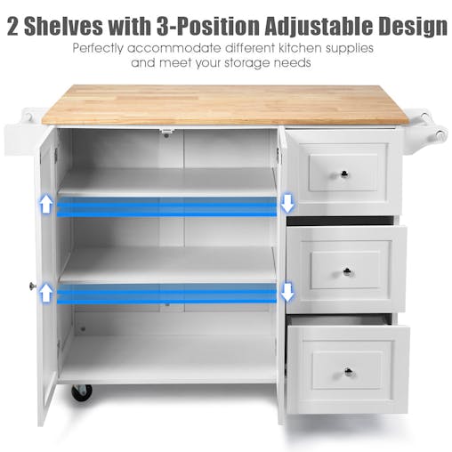 NNECW Kitchen Island Trolley with 3 Drawers & Adjustable Shelves