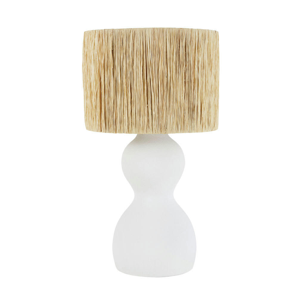 SARTENE - Lampe en céramique blanche abat-jour en raphia beige