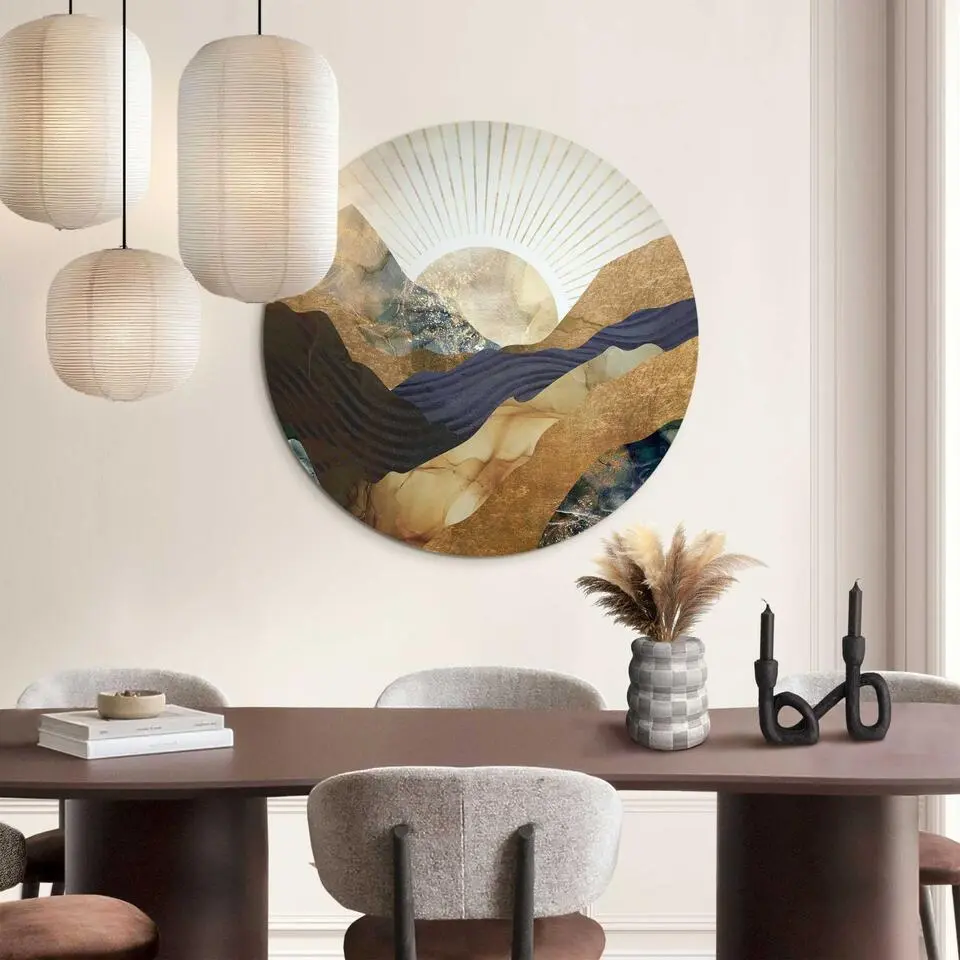 Glasschilderij Zon en bergen - &Oslash; 70 - Goudkleurig