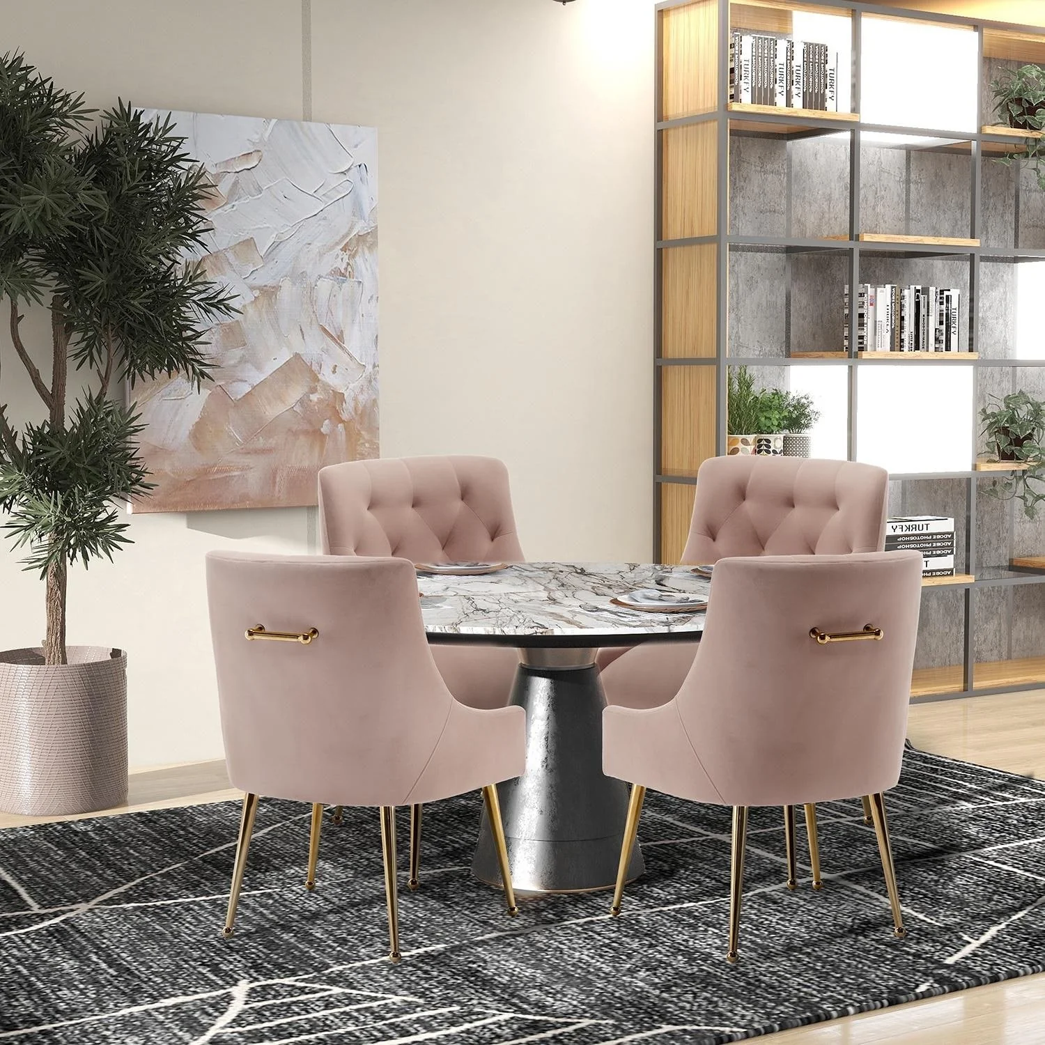 SEYNAR Modern Velvet Dining Chairs Set of 4, Upholstered Accent Chair Tufted Back Armless Chair with Back Pull