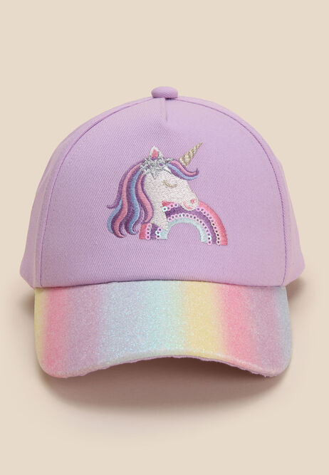Younger Girls Purple Unicorn Glitter Baseball Cap