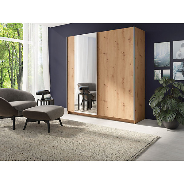 Armoire GOZU 2 portes coulissantes avec miroir - Coloris Chene Artisan - 180 x 198 x 62 cm